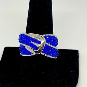 Beautiful Silver Belt Buckle Ring With Blue Stones